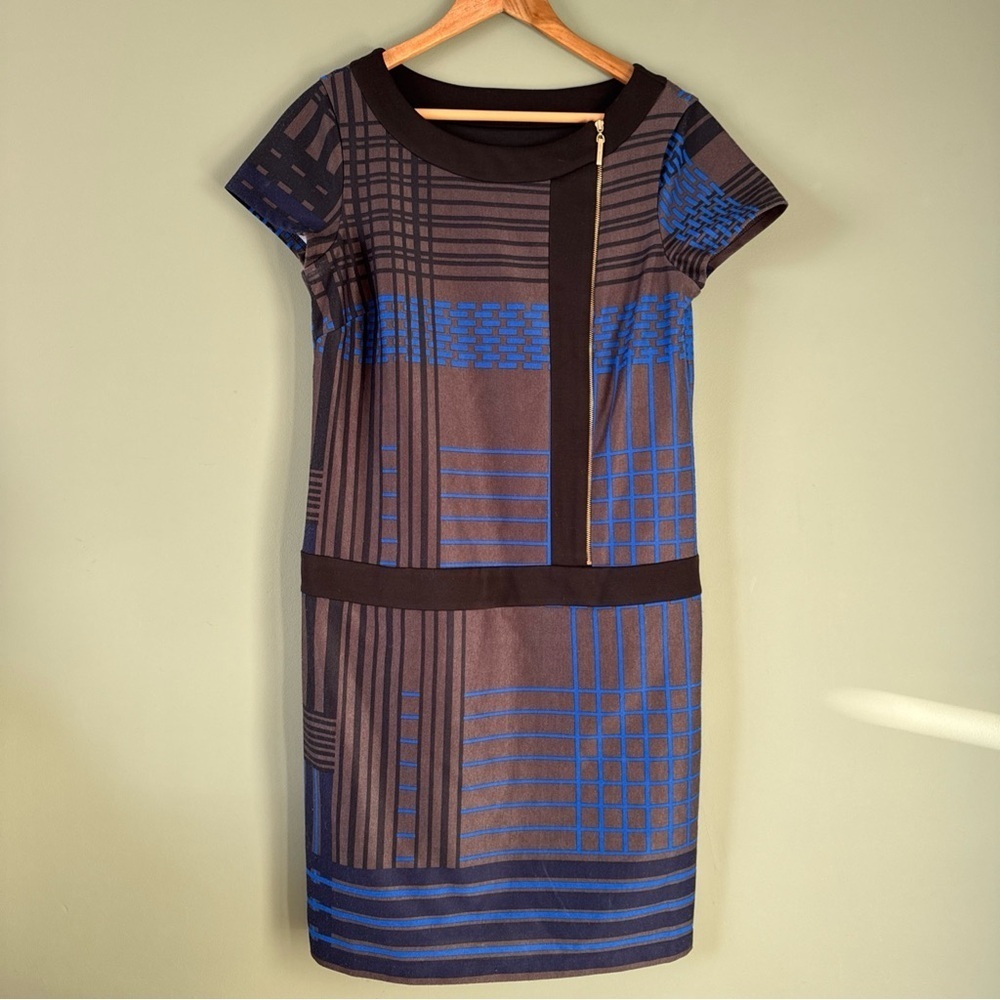 Ellen Tracy womens short sleeve black front zip dress 8 sheath shift drop waist